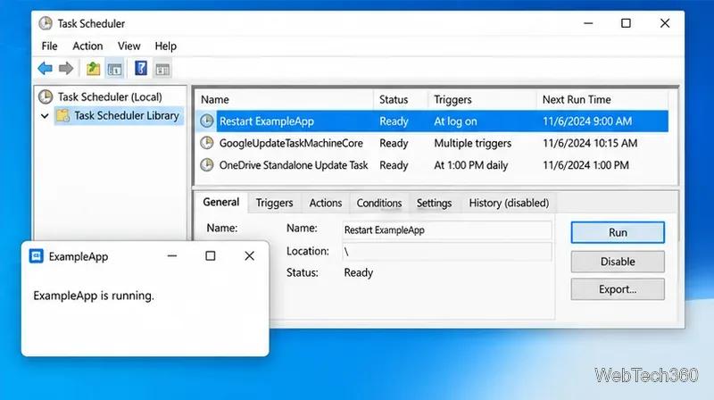 Task Scheduler Library showing the restart task selected with Run and Disable buttons next to the app window.