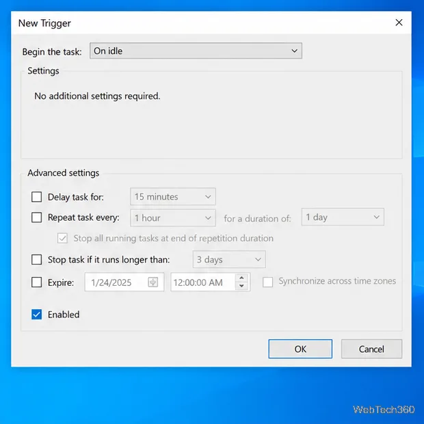New Trigger dialog with Begin the task set to On idle.