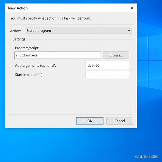 New Action dialog showing shutdown.exe with /s /t 60 as its arguments.