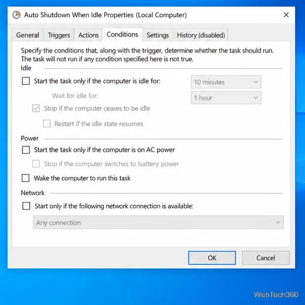 Task Properties Conditions tab with idle-duration and AC-power restrictions unchecked.