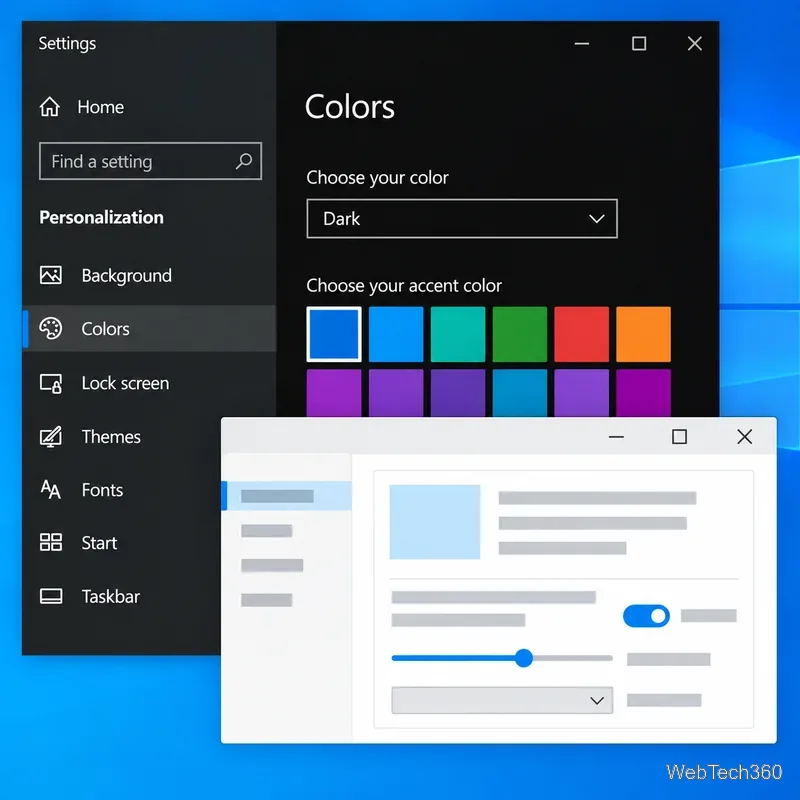 Setările Culori Windows 10 sunt setate la Întunecat lângă o fereastră separată a aplicației, de culoare deschisă.