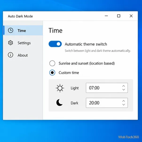 Pagina Oră Mod Întunecat Automat cu activarea automată a temei și selectarea Oră Personalizată, afișând Luminos 07:00 și Întunecat 20:00.