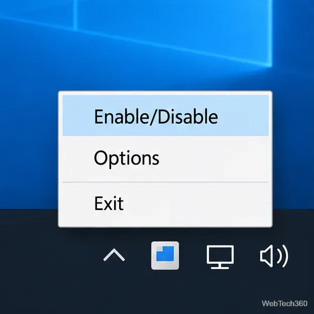 Illustration du menu de CapsUnlocker dans la barre d'état système montrant les options Activer/Désactiver, Options et Quitter.