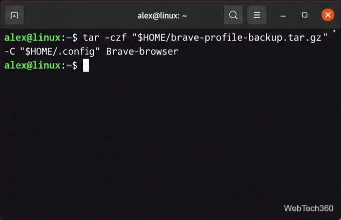 A Linux terminal running tar to create brave-profile-backup.tar.gz from Brave-browser.