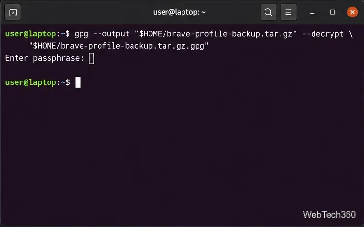 A Linux terminal decrypting the GPG archive and prompting for its passphrase.
