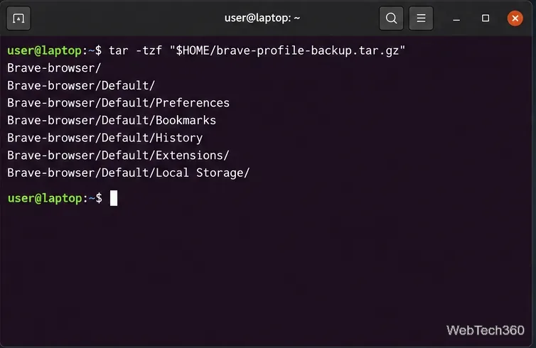 A Linux terminal listing Brave-browser and its Default profile files inside the tar.gz archive.