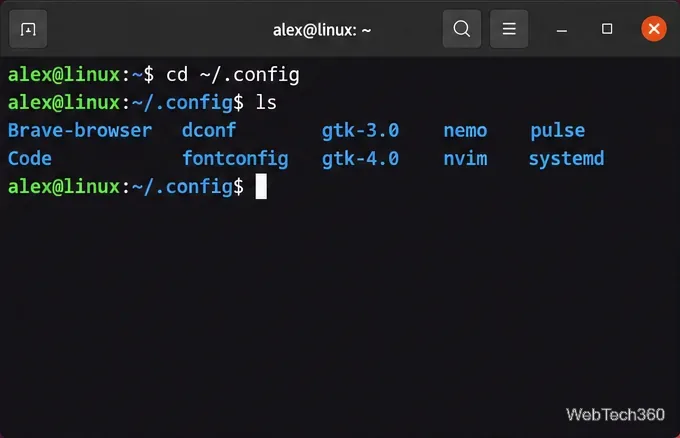 A Linux terminal listing Brave-browser inside the hidden .config folder.