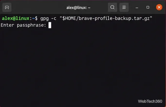 A Linux terminal prompting for a passphrase while GPG encrypts the Brave profile archive.