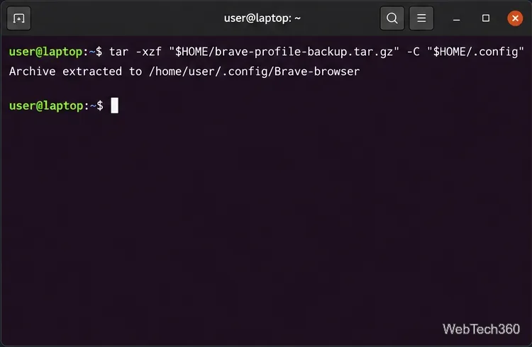 A Linux terminal extracting the Brave-browser archive into the .config directory.