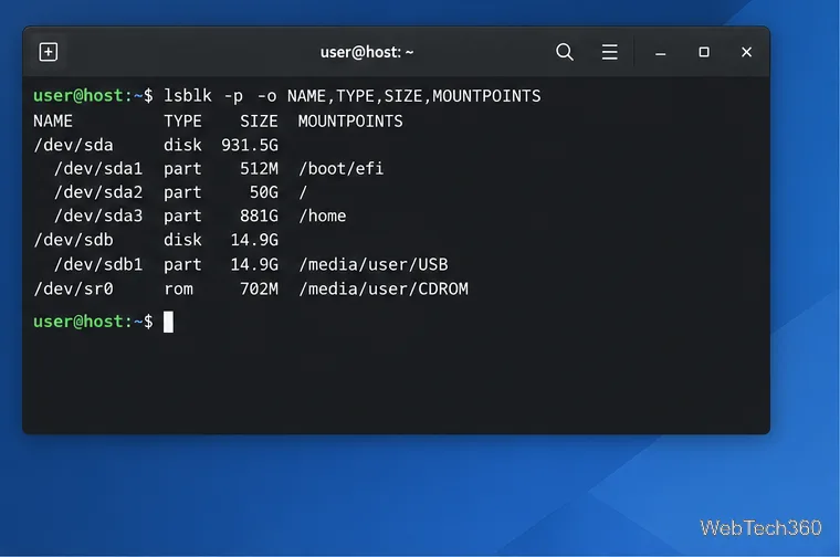 Linuxターミナルのlsblkの出力で、/dev/sr0のタイプがromと表示されている。