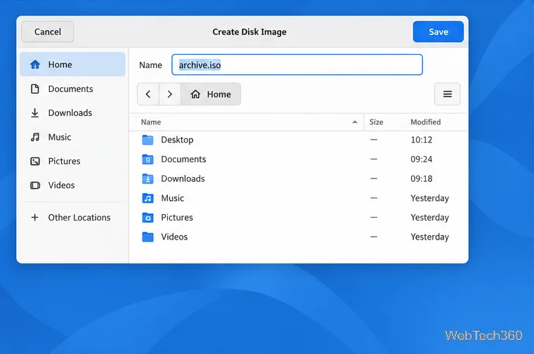 GNOMEの保存ダイアログで、ディスクイメージファイル名としてarchive.isoが入力されている。