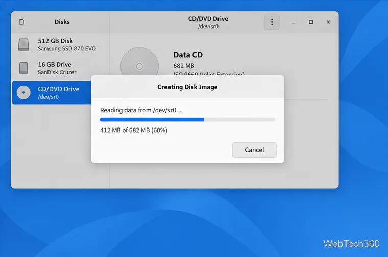 GNOME Disksは、CD-ROMを読み込んでディスクイメージを作成する際の進行状況を表示します。