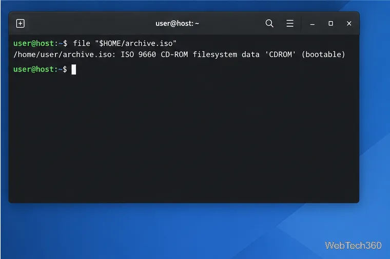 ターミナルファイルコマンドで、archive.isoをISO 9660 CD-ROMファイルシステムとして識別する。