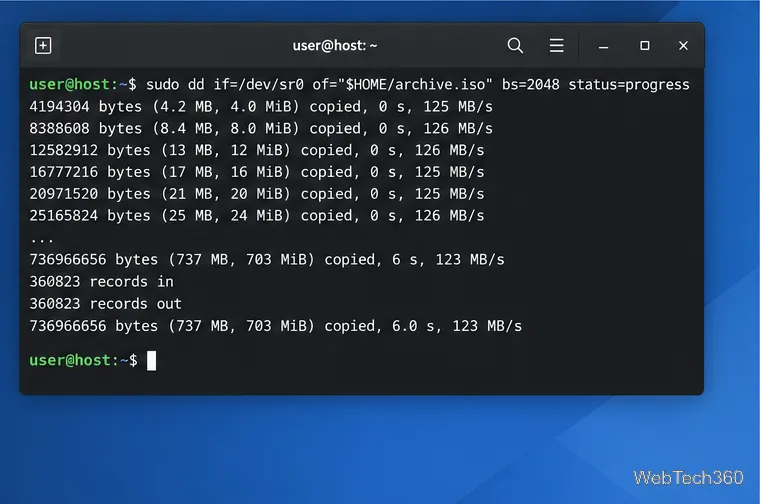 GNU dd ターミナルの出力には、コピーの進行状況と完了状況の統計情報が表示されます。