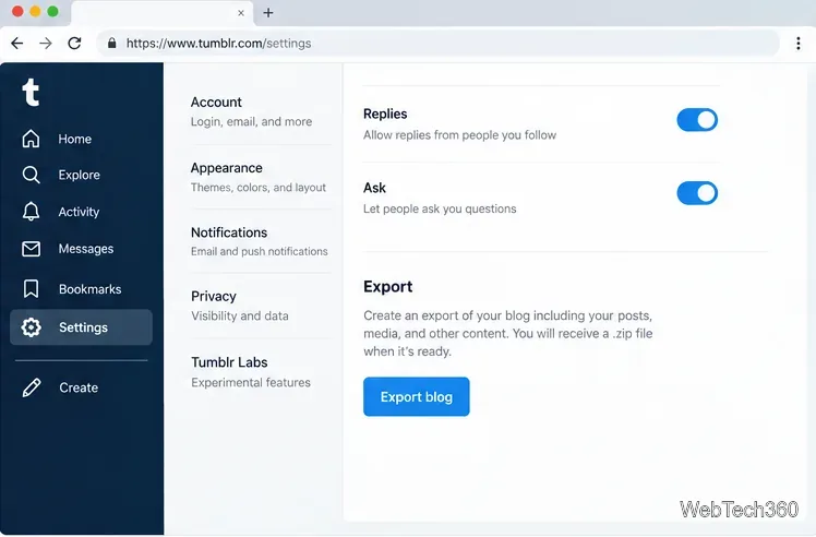 Tumblrブログの設定画面で、エクスポートセクションまでスクロールし、ブログをエクスポートボタンをクリック