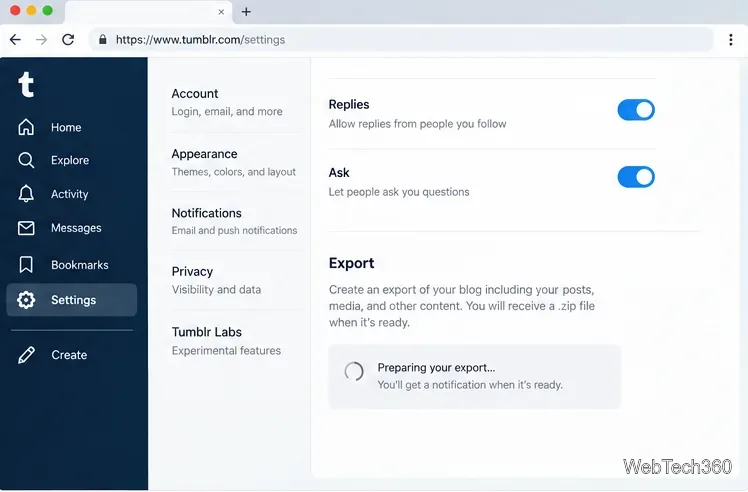 Tumblrのエクスポート設定で、ブログのバックアップを準備中であることを示す中立的なメッセージが表示される。