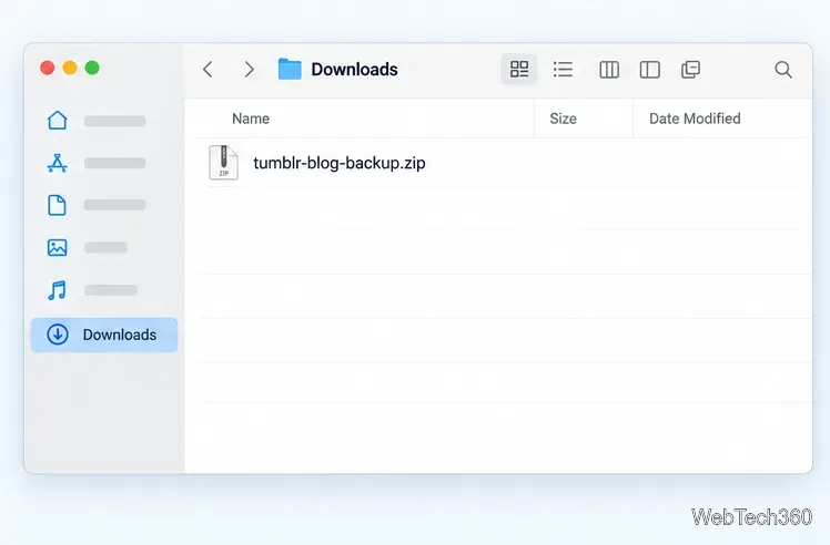 Finderのダウンロードフォルダには、TumblrブログのバックアップZIPアーカイブが含まれています。