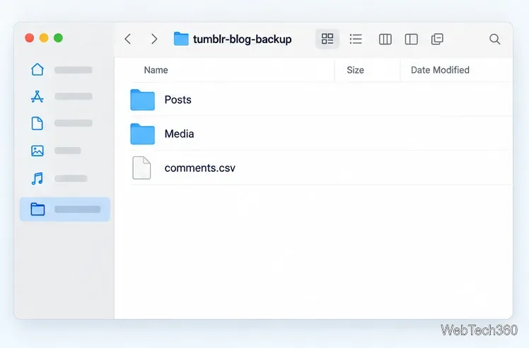 Tumblrのバックアップフォルダを抽出したところ、投稿フォルダとメディアフォルダ、およびコメントのCSVファイルが表示されました。