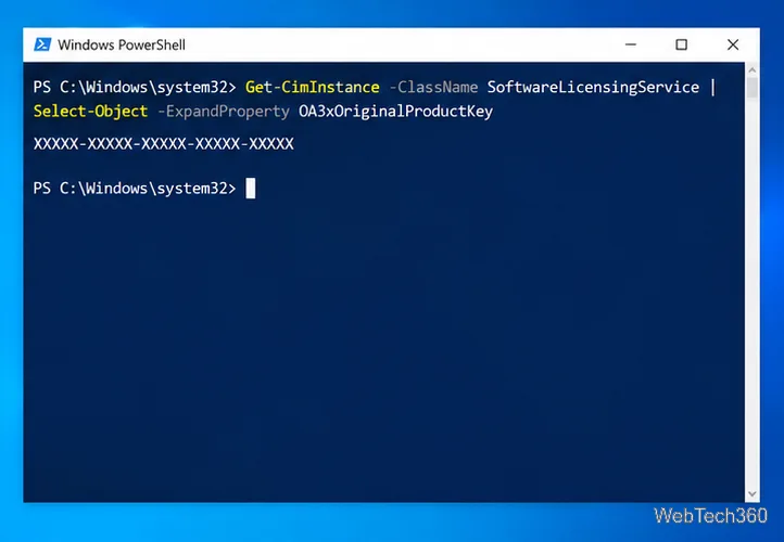 PowerShell querying the firmware-stored Windows OEM product key and showing a masked example value.