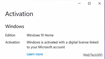 Windows 10 Activation status confirming a digital license is linked to a Microsoft account.