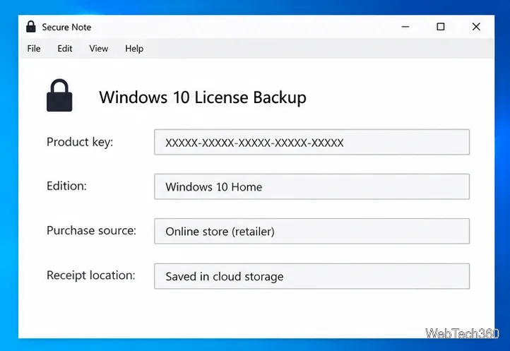 Secure note example with a masked Windows 10 key, edition, purchase source, and receipt location.