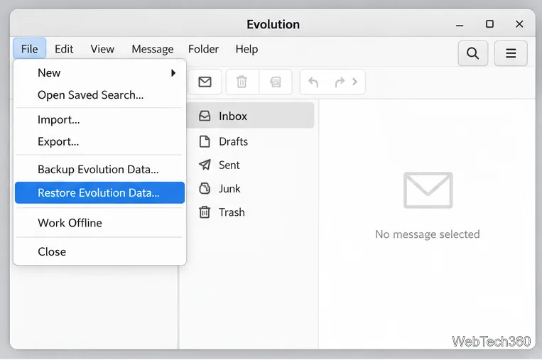 Menu Fichier d'Evolution avec l'option Restaurer les données d'Evolution mise en évidence