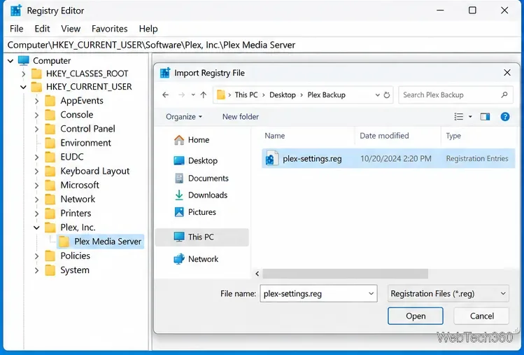 De Register-editor toont het dialoogvenster 'Registerbestand importeren' met plex-settings.reg geselecteerd.