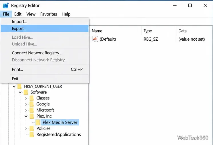 Open de Register-editor met de sleutel Plex Media Server geselecteerd en 'Exporteren' gemarkeerd in het menu 'Bestand'.