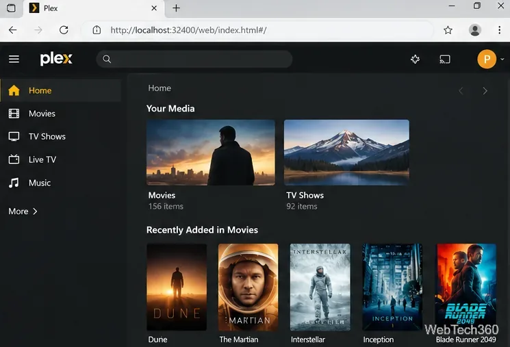 De Plex-webapp toont de film- en tv-bibliotheek weer na het herstellen van de servergegevens.