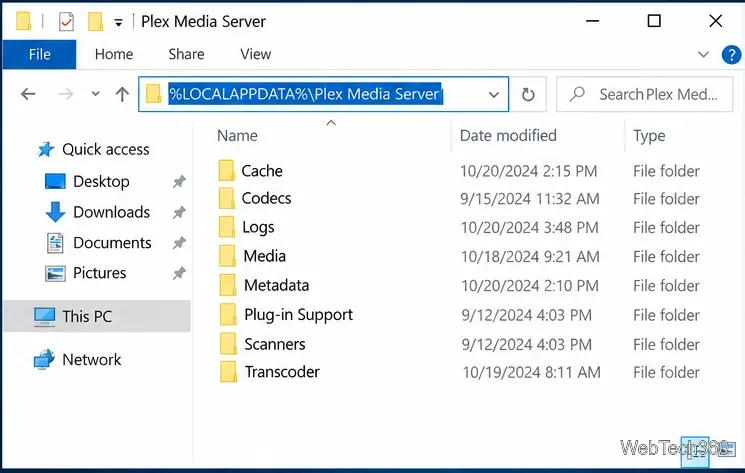 Bestandsverkenner werd geopend in de map Plex Media Server onder het lokale AppData-pad van Windows.