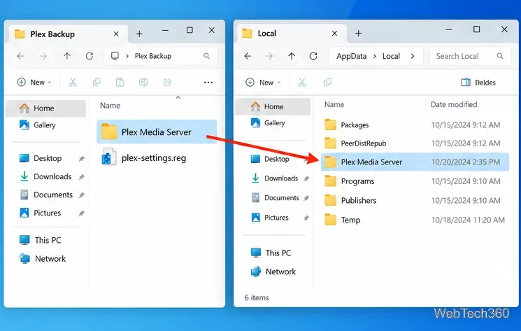 Windows Verkenner kopieert de back-up van de Plex Media Server-map naar de lokale AppData-map.
