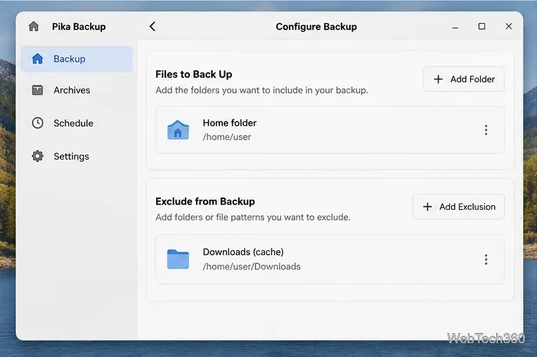 Pika Backup file selection screen showing a home folder in Files to Back Up and a Downloads folder excluded