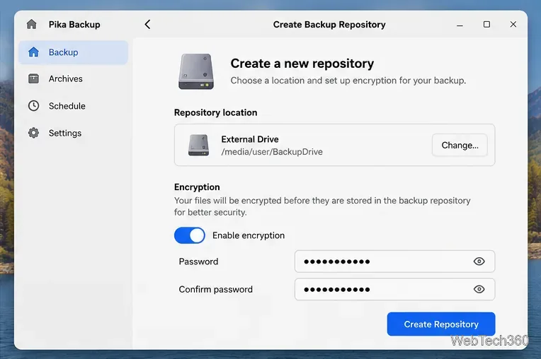 Pika Backup repository setup showing an external-drive destination and encryption password fields