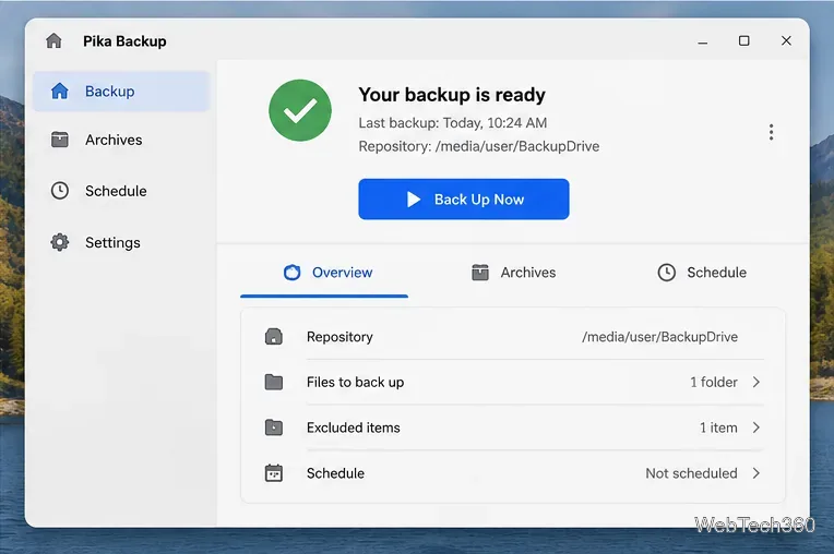 Pika Backup overview showing a ready repository, the Back Up Now button, archive access, and schedule status