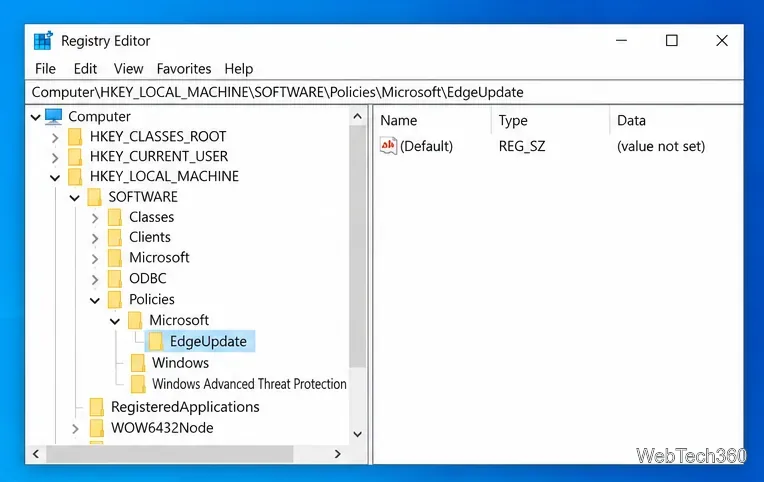 Éditeur du Registre affichant la clé de stratégie EdgeUpdate sous Microsoft