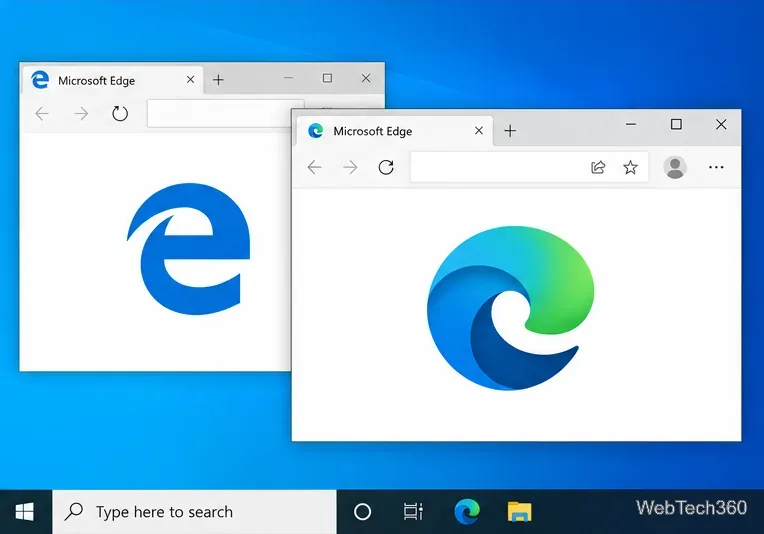 Deux fenêtres de navigateur affichant l'ancien logo bleu d'Edge et le nouveau logo vert-bleu d'Edge