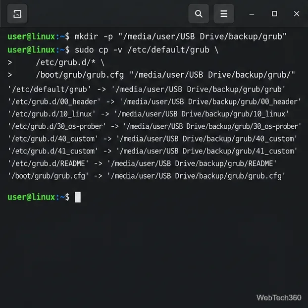 Linux terminal displaying GRUB configuration files being copied into a backup folder on USB