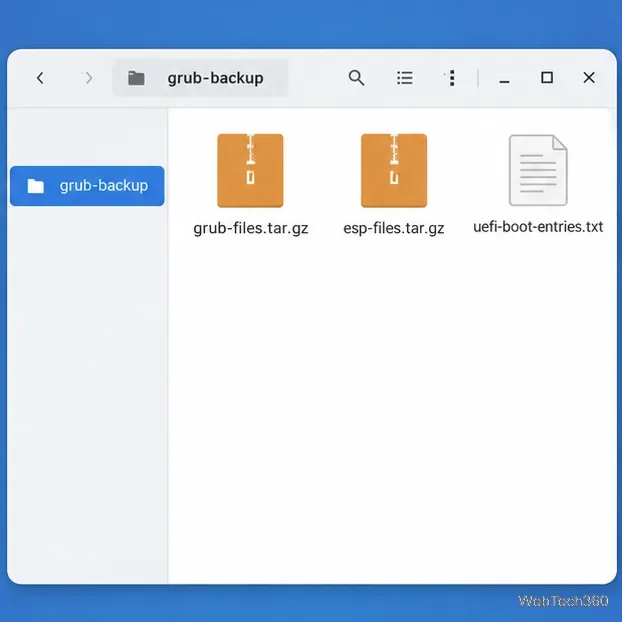 USB backup folder containing GRUB and EFI archives plus a text file of UEFI boot entries