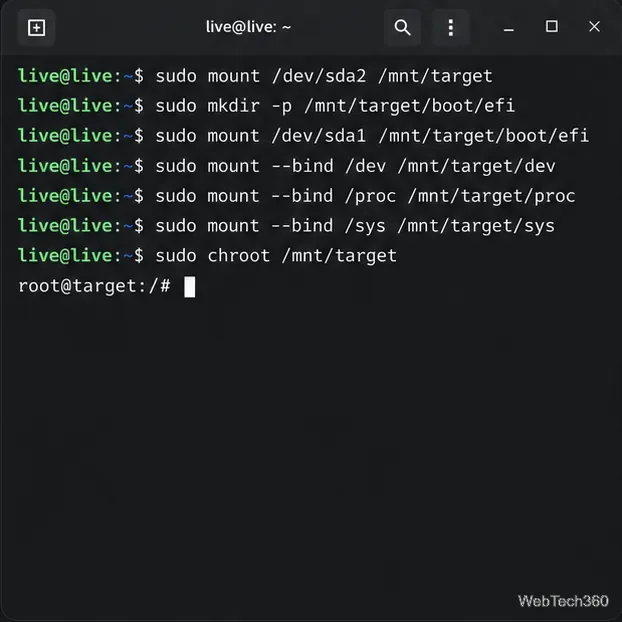 Live Linux terminal mounting root and EFI partitions and entering the installed system with chroot