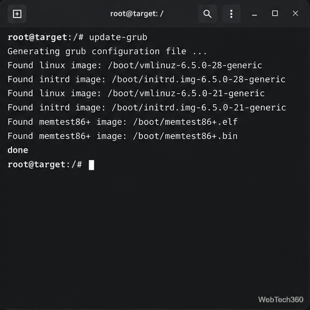 Terminal inside a target chroot regenerating the GRUB menu and reporting discovered Linux kernels