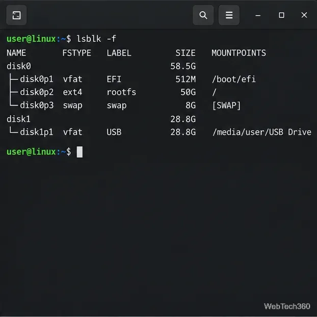 Terminal output from lsblk listing an EFI partition, a Linux root partition, and a separate USB drive