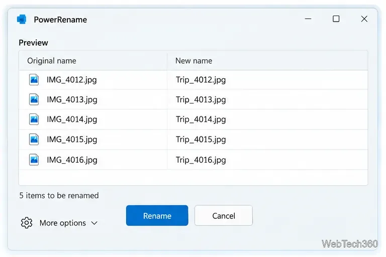 O PowerRename exibe uma pré-visualização lado a lado dos nomes de arquivo de imagem originais e propostos, com um botão "Renomear" abaixo.