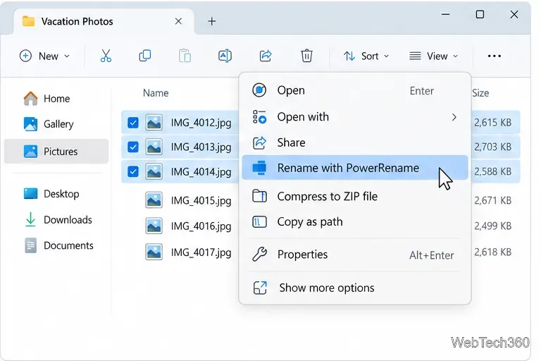 Menu de contexto do Explorador de Arquivos do Windows 11 com a opção "Renomear com PowerRename" destacada para as imagens selecionadas.