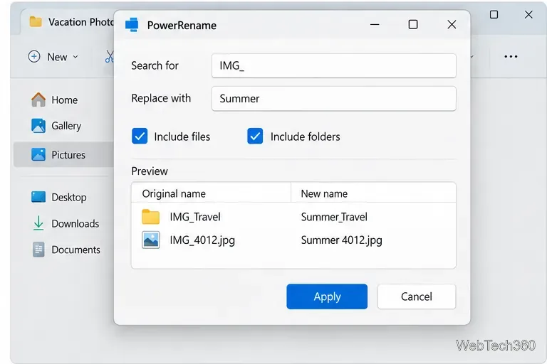 PowerRename com as opções Incluir arquivos e Incluir pastas selecionadas, visualizando uma pasta e um arquivo JPG.