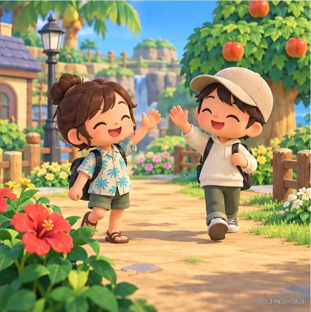 兩個島嶼虛擬人物在鮮花盛開的村莊小路上相遇並揮手致意。