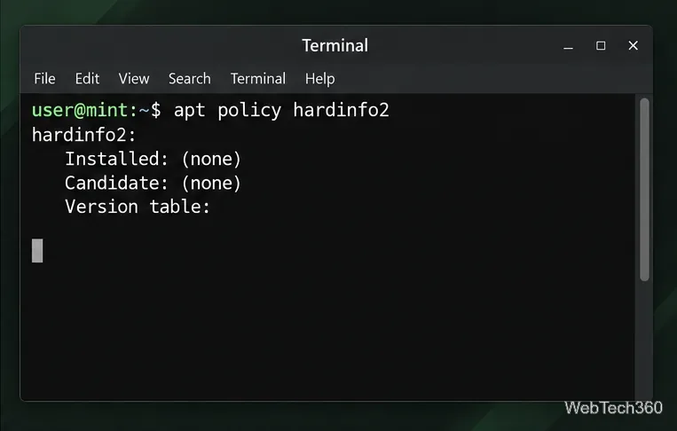 O terminal está executando o comando `apt policy hardinfo2` e não mostra nenhum pacote candidato.