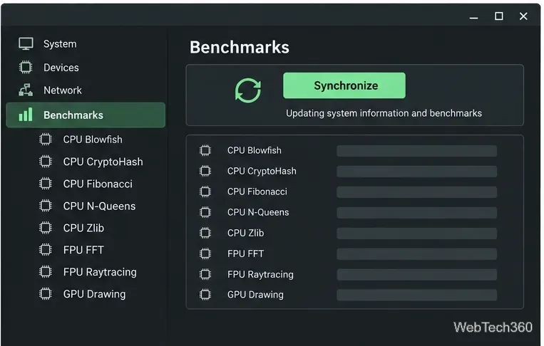 Painel de benchmark Hardinfo2 com sincronização e linhas de teste separadas para CPU, FPU e GPU.
