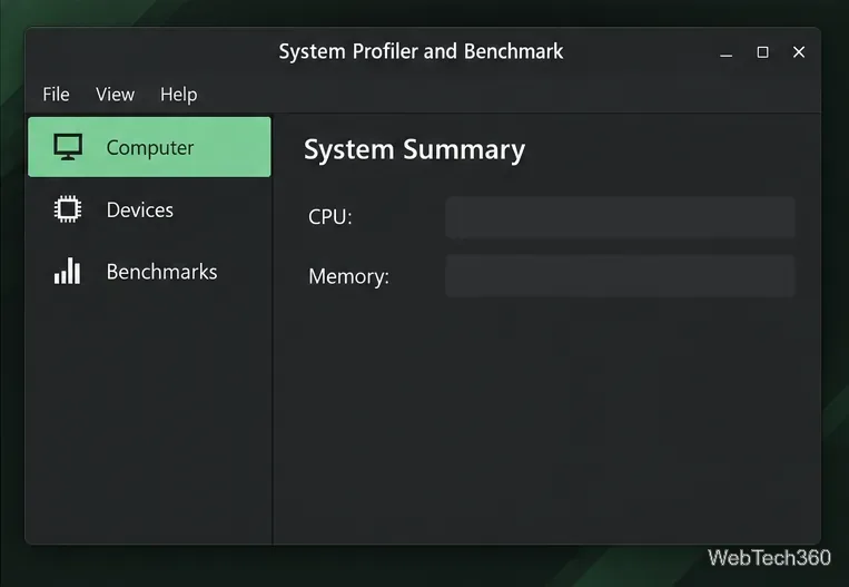 Perfilador de sistema e resumo de benchmarks com navegação por CPU, memória e benchmarks.