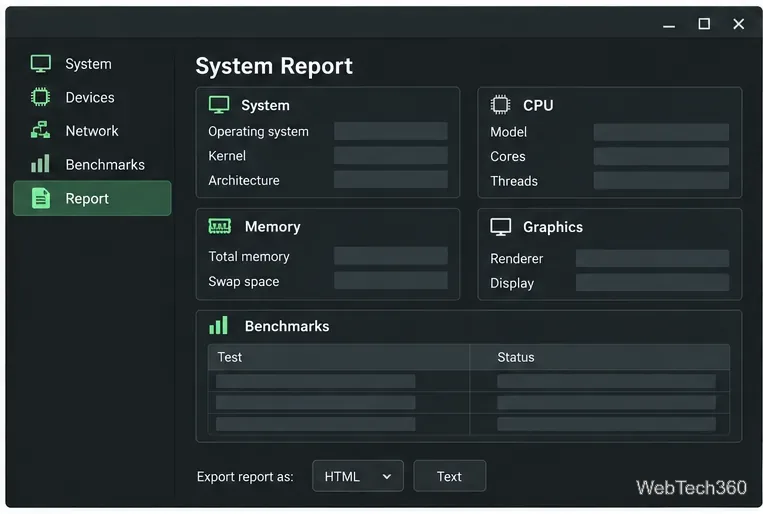 Pré-visualização do relatório do sistema listando o sistema operacional, CPU, memória, gráficos e campos de benchmark.