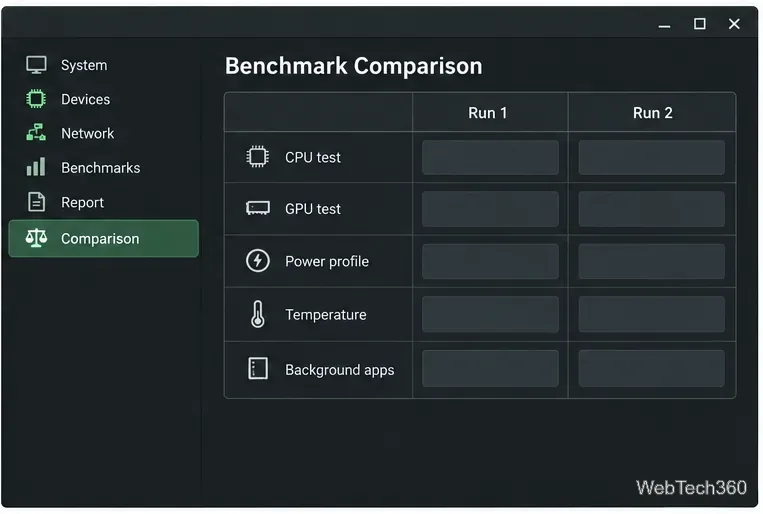 Planilha com comparação lado a lado do desempenho da CPU, GPU, perfil de energia, temperatura e aplicativos em segundo plano.